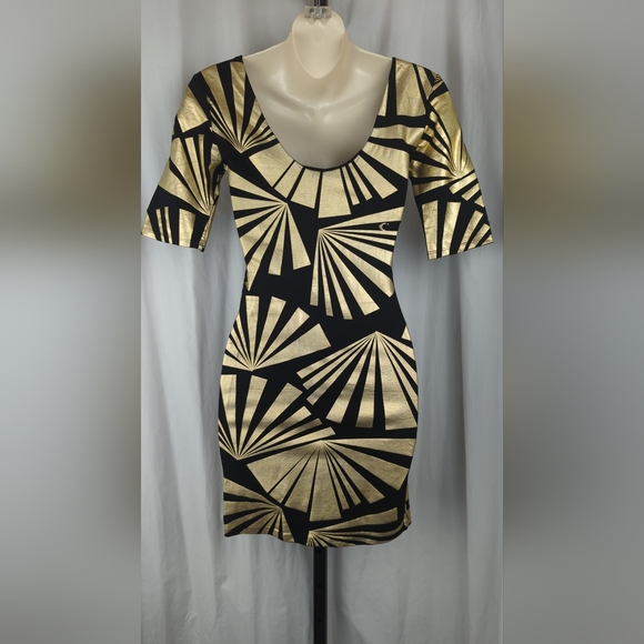 Bebe gold black metallic bodycon dress club party sexy tight mini XXS - Picture 2 of 5